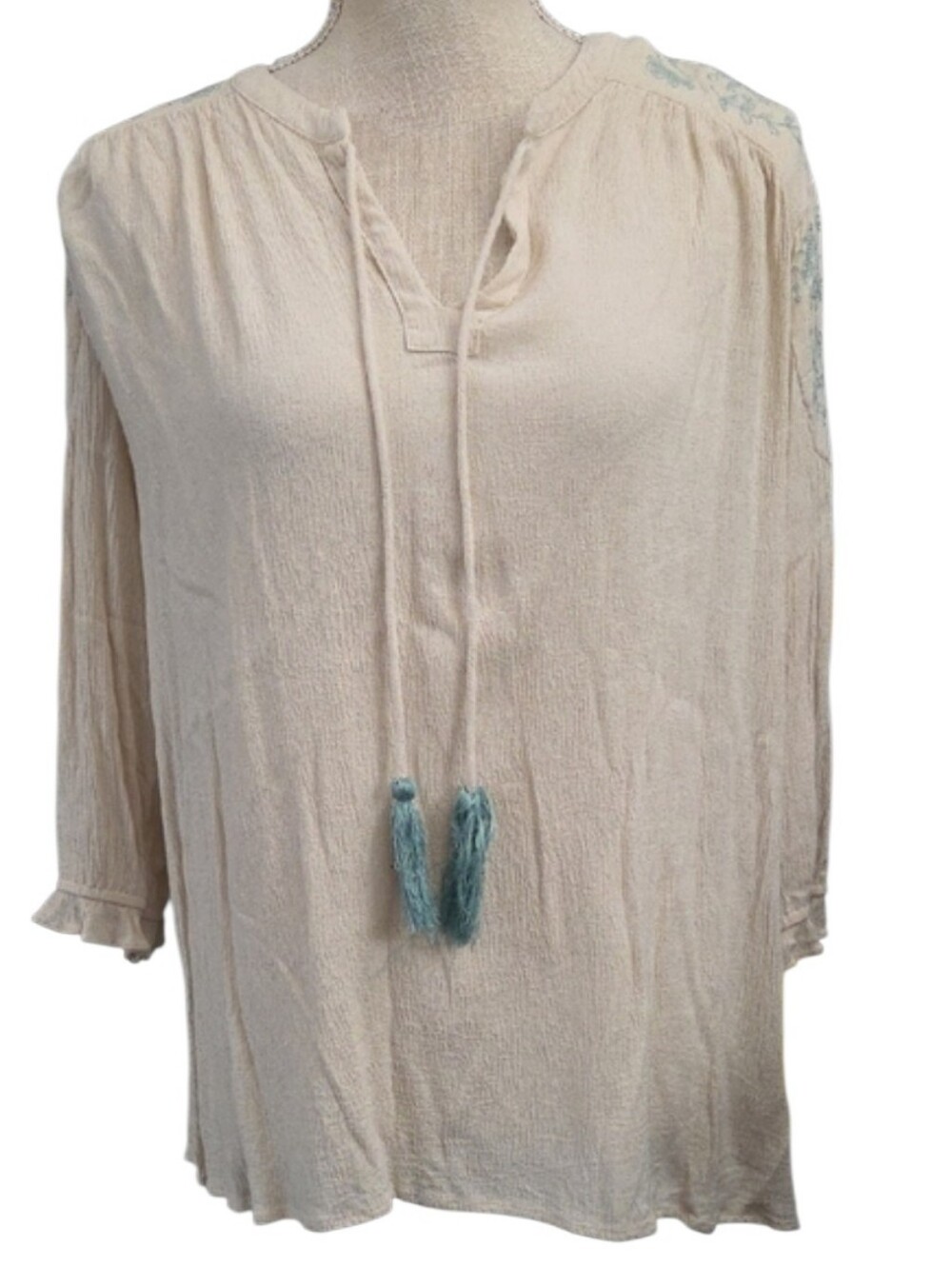 Kori Cream Gauze Peasant Tunic with Blue Tassels